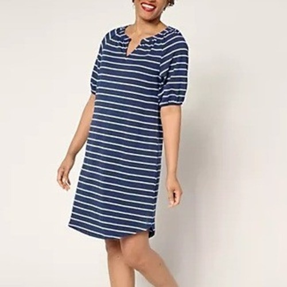 Cuddl Duds Size Large Oxford Navy Jacquard Knit Lounge Dress Knee Length A676571